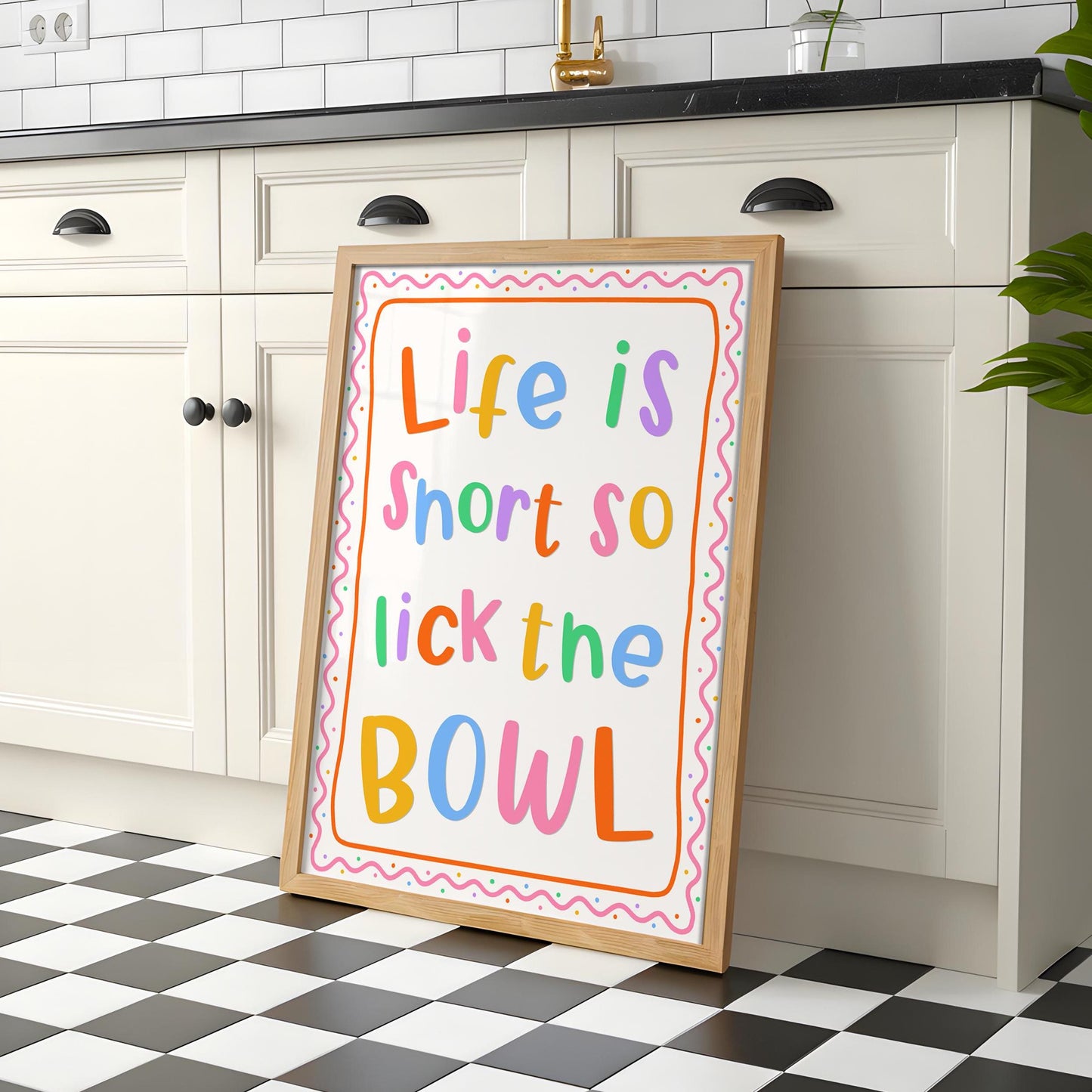 Life Is Short Lick The Bowl Print | Colourful Kitchen Print, Quirky Kitchen Wall Art, Rainbow Kitchen Print, Bright Colorful Kitchen Artwork