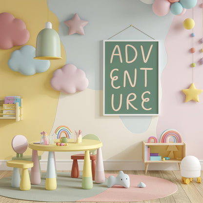 Adventure Awaits Sage Green Nursery Print | Green Playroom Prints, Green Typography Print, Green Boys Bedroom Print, for Sage Green Playroom