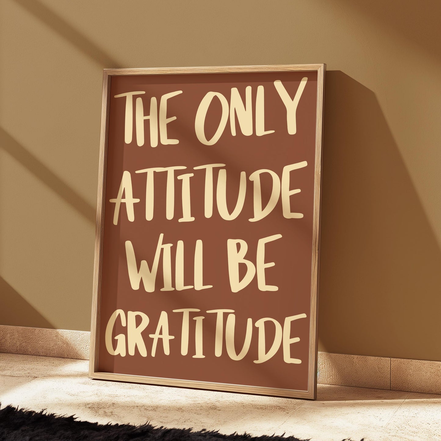 Gratitude Attitude Wall Art Print | Warm Brown Typography Print, Motivational Wall Art, A4 Neutral Quote Prints, Brown Living Room Prints