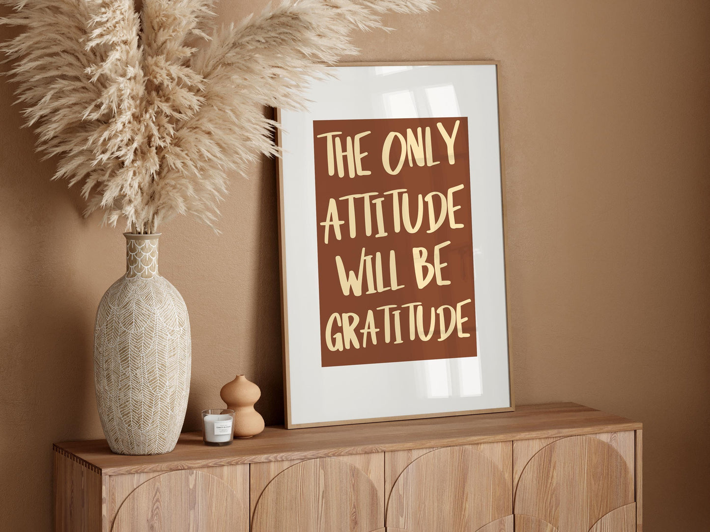 Gratitude Attitude Wall Art Print | Warm Brown Typography Print, Motivational Wall Art, A4 Neutral Quote Prints, Brown Living Room Prints