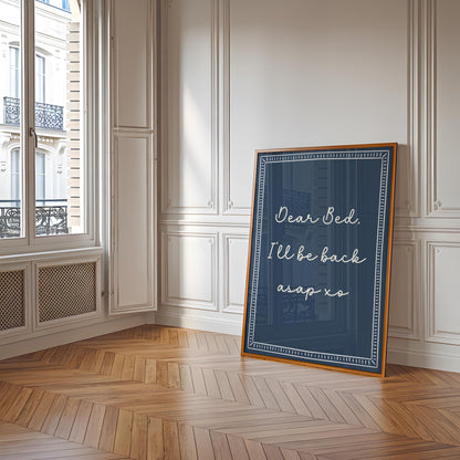 Dear Bed Be Back Soon Print | Navy Bedroom Print, Navy Blue Dear Bed I Miss You Print, Navy Poster for Above Bed, Blue Love To Sleep Print