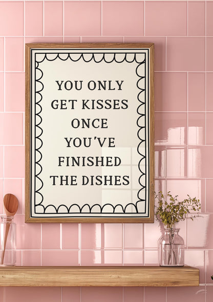 Dishes Before Kisses Kitchen Print | Black and White Kitchen Wall Art, Vintage Kitchen Prints, Trendy Kitchen Print, Funny Kitchen Print