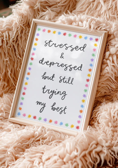 Trying My Best Funny Rainbow Wall Print | Mental Health Prints, Colourful Motivational Prints, Colorful Office Print, Trendy Anxiety Prints