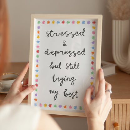 Trying My Best Funny Rainbow Wall Print | Mental Health Prints, Colourful Motivational Prints, Colorful Office Print, Trendy Anxiety Prints