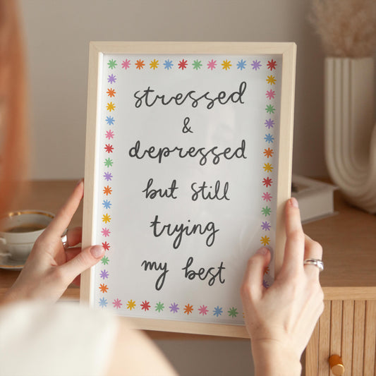 Trying My Best Funny Rainbow Wall Print | Mental Health Prints, Colourful Motivational Prints, Colorful Office Print, Trendy Anxiety Prints