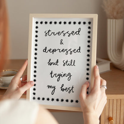 Trying My Best Black and White Funny Office Print | Mental Health Print, Motivational Prints, Trendy Office Print, Anxiety Print, Office Art
