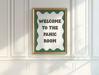 Funny Panic Room Print | Welcome To The Panic Room Print, Too Much Panic Print, Funny Welcome Print, Funny Bedroom Print, Green and Grey Art
