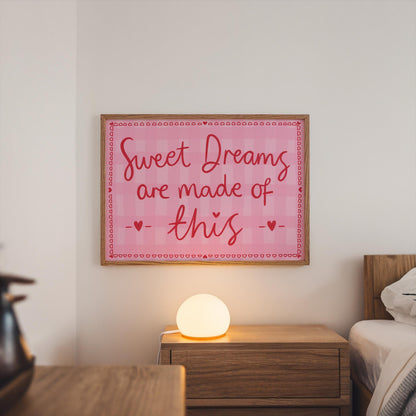 Pink and Red Bedroom Print | Sweet Dreams Pink Gingham, Sweet Dreams Coquette Wall Art, Girly Bedroom Prints, Preppy Print for Above the Bed