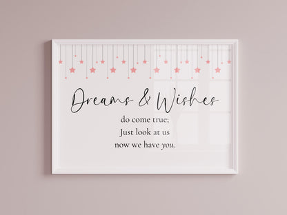 Dreams and Wishes Baby Girl Print | Horizontal Nursery Print, Cute Nursery Prints for Baby Girls Room, Baby Girl Wall Art, Nursery Quotes