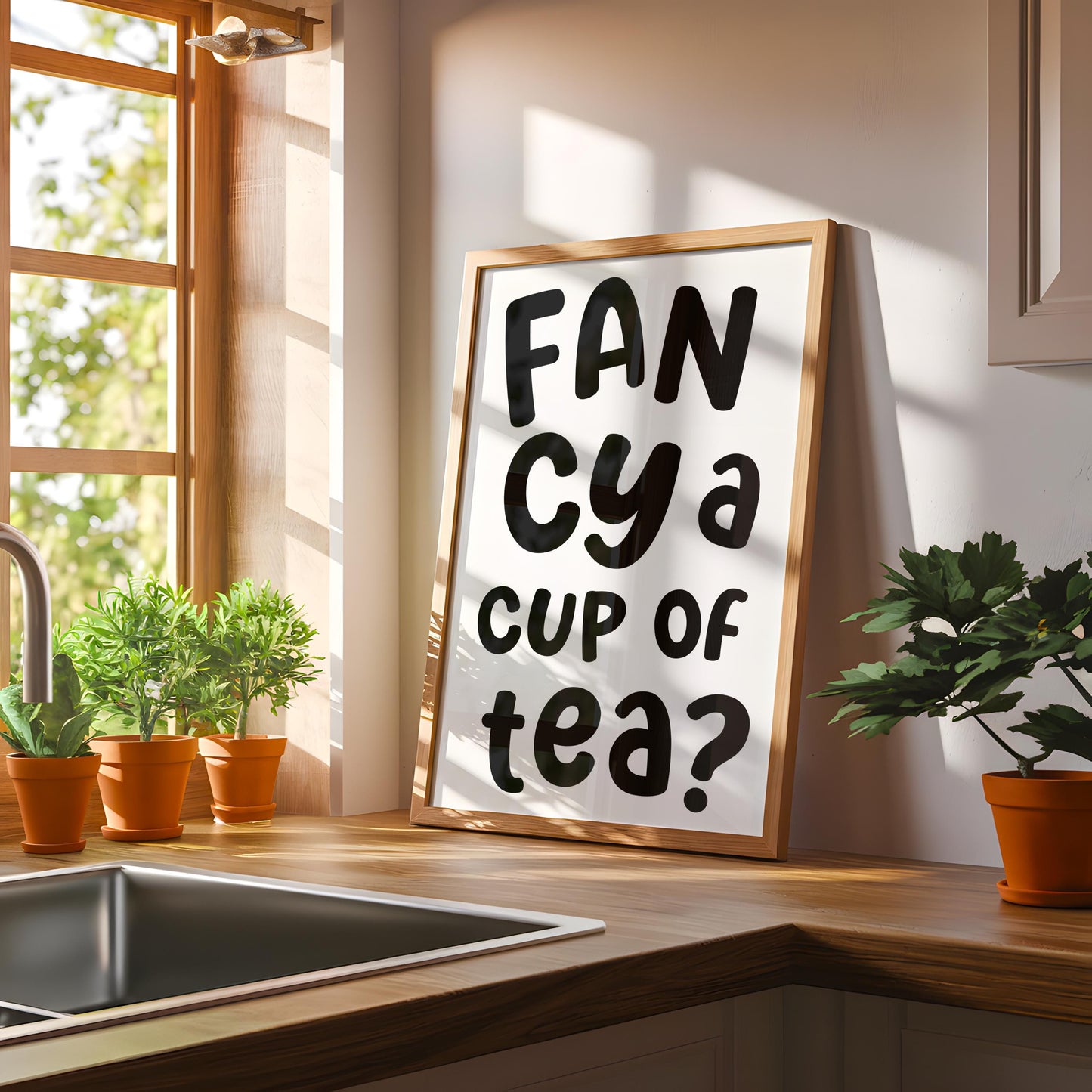 Fancy a Cup of Tea Print | Black and White Kitchen Prints, Monochrome Kitchen Print, Pop The Kettle On Print, Black White Cuppa Wall Art
