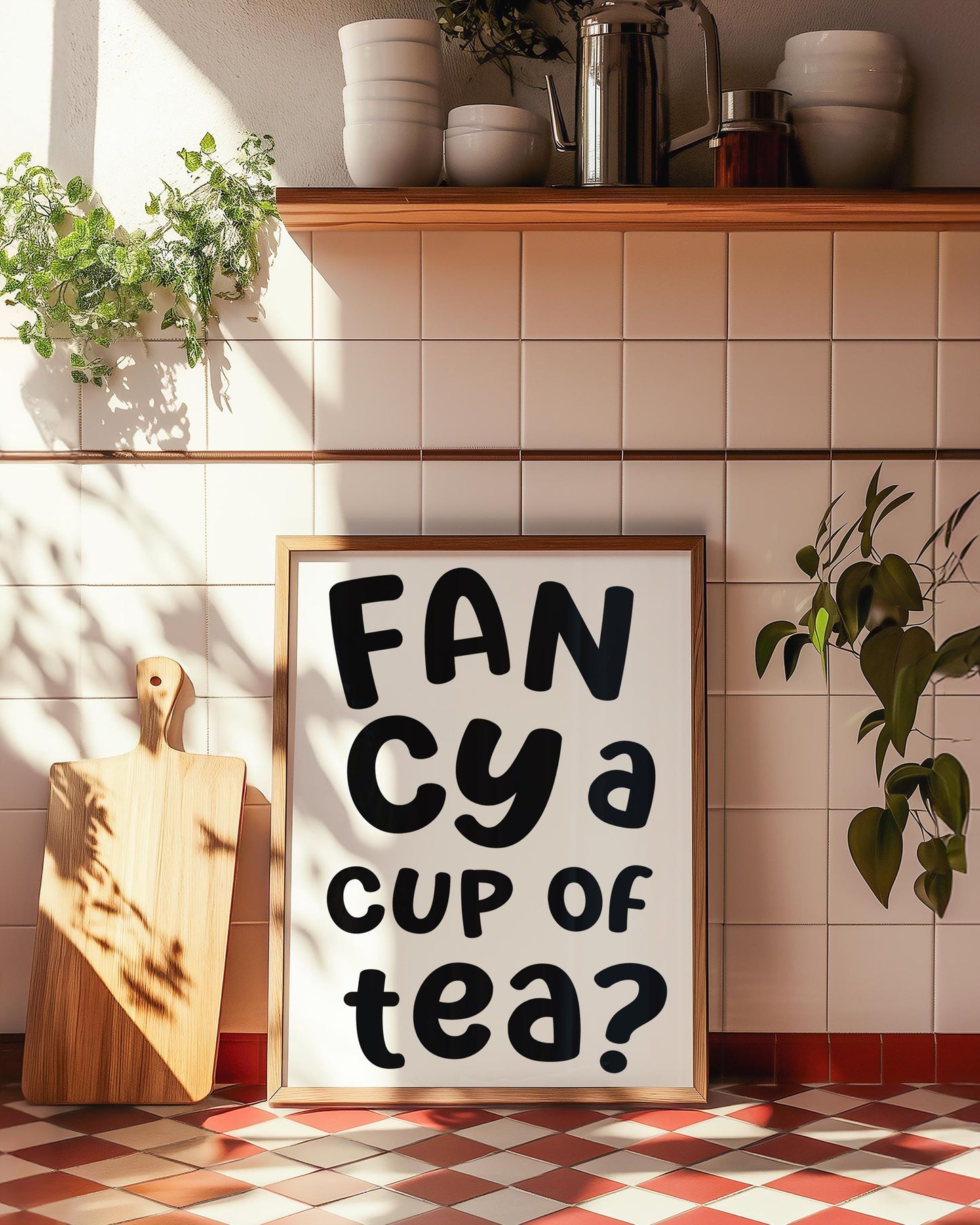 Fancy a Cup of Tea Print | Black and White Kitchen Prints, Monochrome Kitchen Print, Pop The Kettle On Print, Black White Cuppa Wall Art