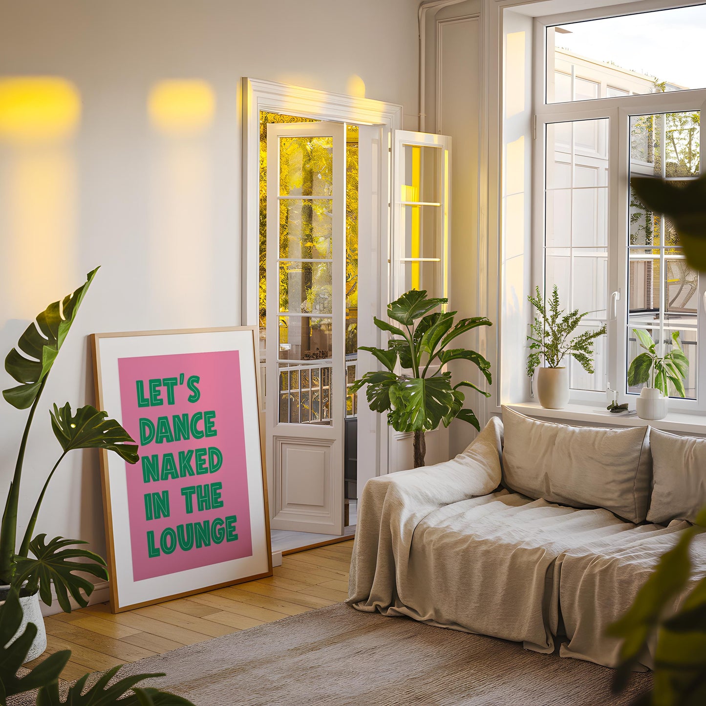 Let's Dance Naked Retro Print | Pink and Green Retro Vibrant Living Room Poster, Funky Lounge Poster, Colorful Living Room Quote Print