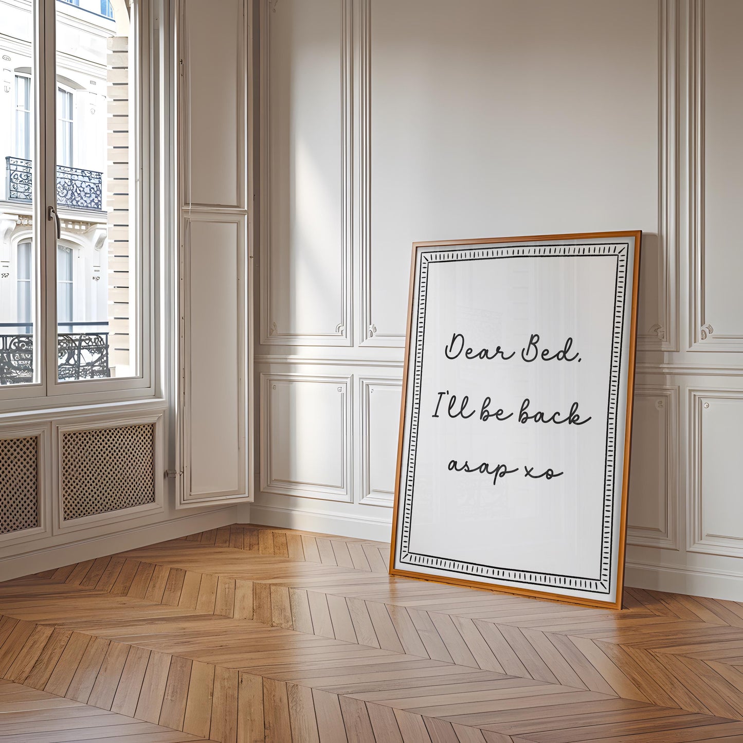 Dear Bed Be Back Soon Print | Black White Bedroom Print, Portrait Bedroom Wall Art, Elegant Bedroom Wall Art, Funny Bedroom Quote Wall Print