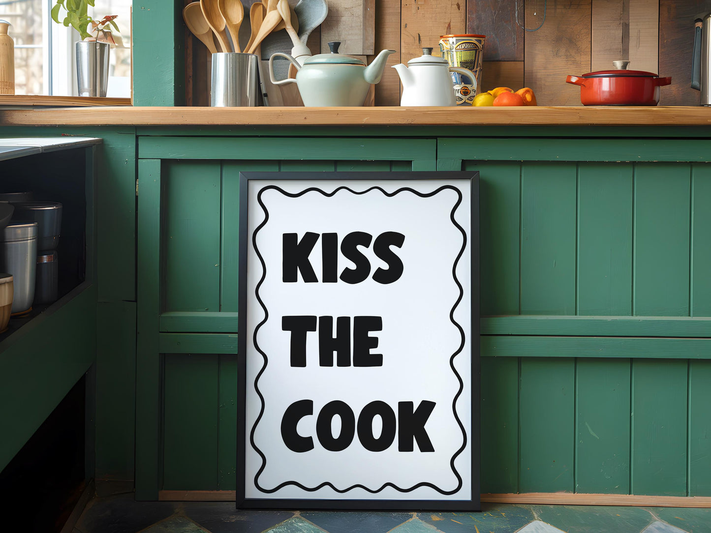 Kiss The Cook Kitchen Print | Cheeky Kitchen Print, Kitchen Kisses Print, Trendy Kitchen Poster A3 A4, Cute Poster For Black & White Kitchen