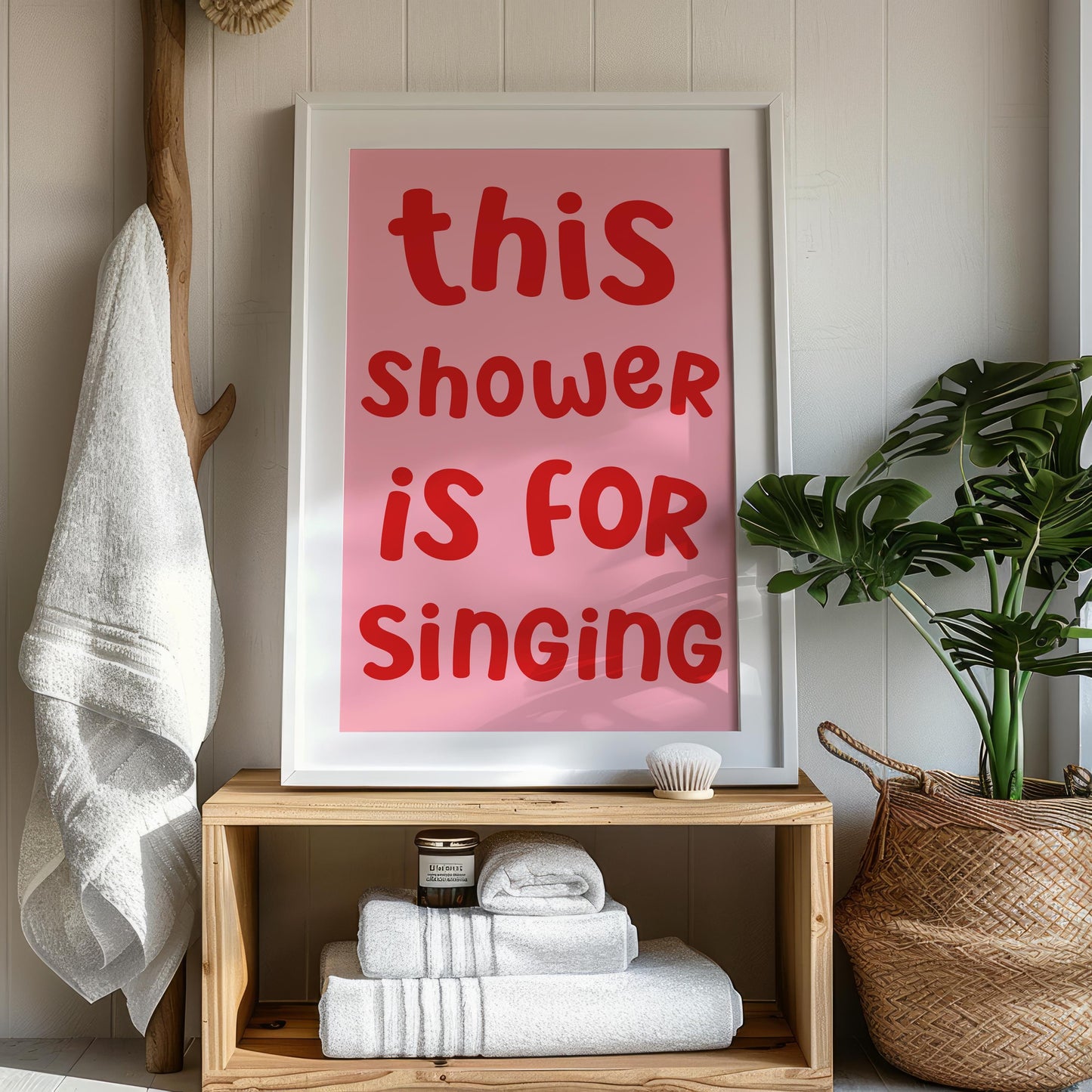 Pink and Red Shower Karaoke Print | Preppy Bathroom Prints, Girly Bathroom Aesthetic, Trendy Restroom Print, Bright Colourful Bathroom Art