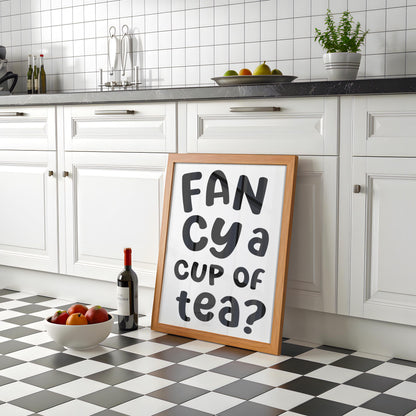 Fancy a Cup of Tea Print | Black and White Kitchen Prints, Monochrome Kitchen Print, Pop The Kettle On Print, Black White Cuppa Wall Art
