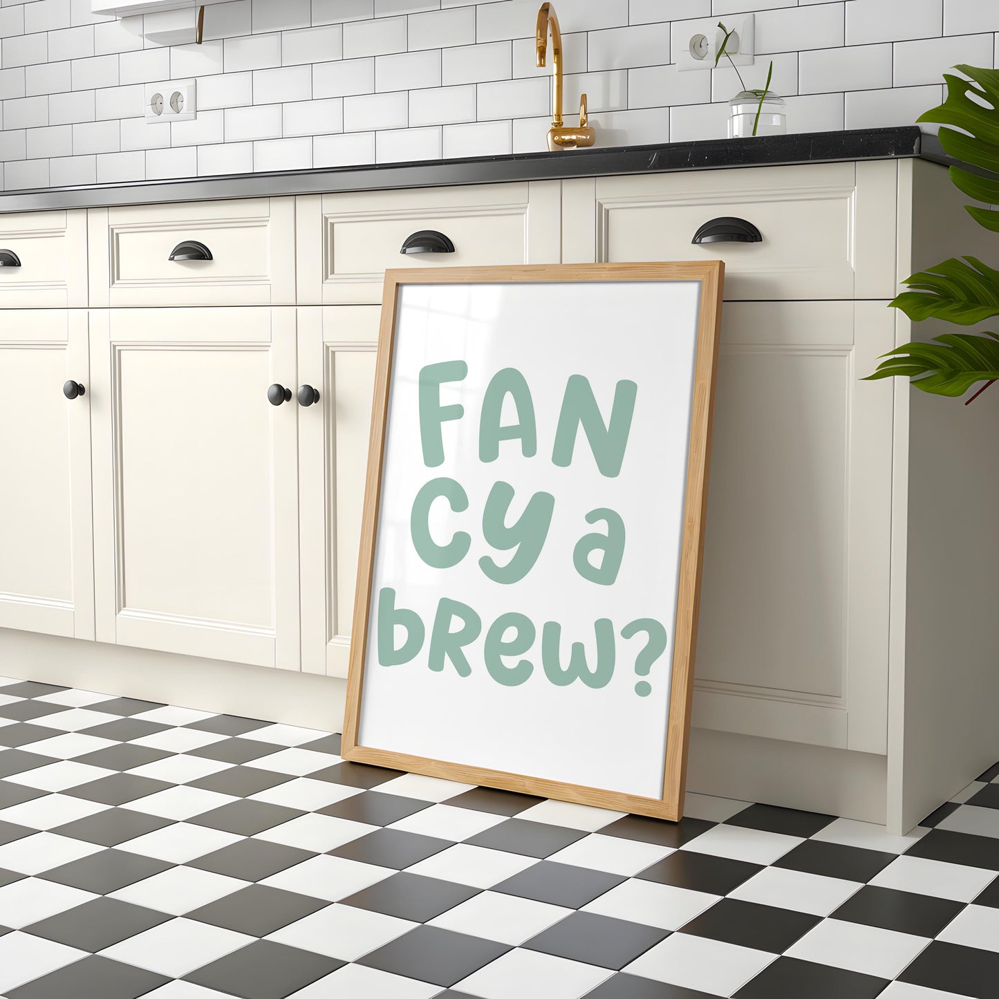 Fancy a Brew Print | Sage Green Kitchen Prints, Green Kitchen Quote, Quirky Fun Colourful Wall Art, Cuppa Drink Trendy Gift, Kettle On Print