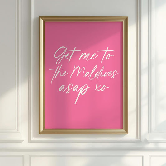 Get Me To The Maldives Pink and White Print | Pink Travel Prints, Girly Travel Print, Bora Bora Print, Maldives Wall Art, For Travel Lovers