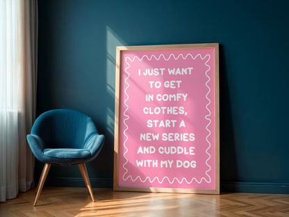 Binge Watching With My Dog Print | Pink Dog Mum Print, Cosy Dog Art, Netflix With My Dog Print, Cosy Girly Print, Girly Wall Art, Girly Art