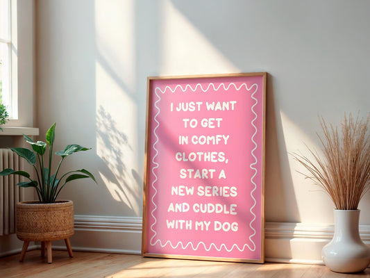 Binge Watching With My Dog Print | Pink Dog Mum Print, Cosy Dog Art, Netflix With My Dog Print, Cosy Girly Print, Girly Wall Art, Girly Art