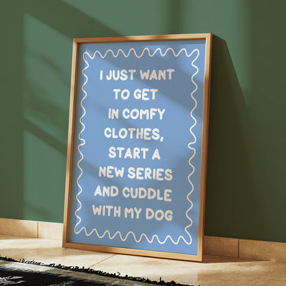 Binge Watching With My Dog Print | Blue Dog Mum Print, Cosy Dog Art, Netflix With My Dog Print, Cosy Girly Print, Girly Wall Art, Girly Art