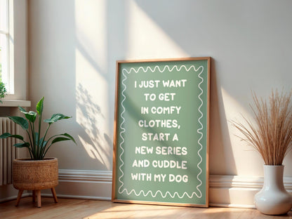 Binge Watching With My Dog Print | Green Dog Mum Print, Cosy Dog Art, Netflix With My Dog Print, Cosy Girly Print, Girly Wall Art, Girly Art