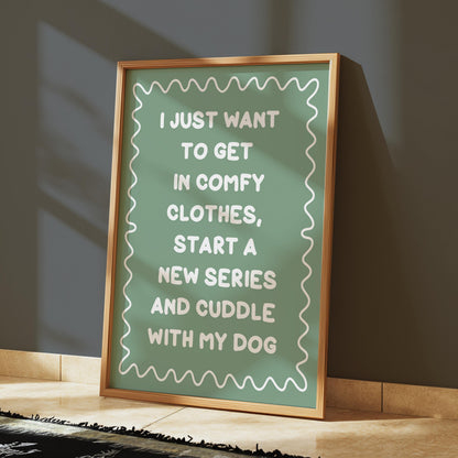 Binge Watching With My Dog Print | Green Dog Mum Print, Cosy Dog Art, Netflix With My Dog Print, Cosy Girly Print, Girly Wall Art, Girly Art