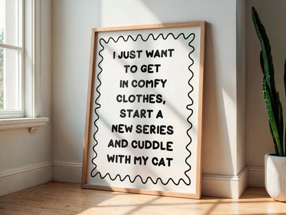 Binge Watching With My Cat Print | Black and White Cat Mum Print, Cosy Cat Art, Netflix With My Cat Print, Cosy Girly Print, Girly Wall Art