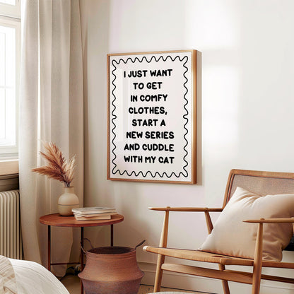Binge Watching With My Cat Print | Black and White Cat Mum Print, Cosy Cat Art, Netflix With My Cat Print, Cosy Girly Print, Girly Wall Art