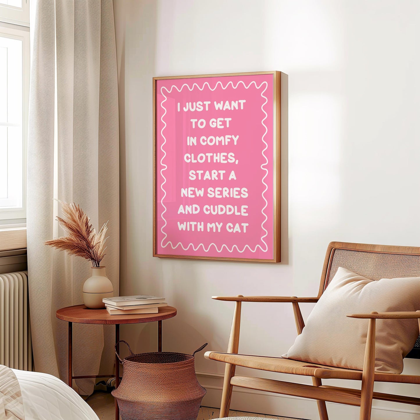 Binge Watching With My Cat Print | Pink and White Cat Mum Print, Cosy Cat Art, Netflix With My Cat Print, Cosy Girly Print, Girly Wall Art