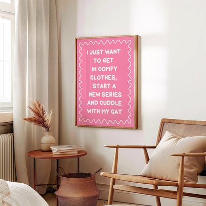 Binge Watching With My Cat Print | Pink and White Cat Mum Print, Cosy Cat Art, Netflix With My Cat Print, Cosy Girly Print, Girly Wall Art