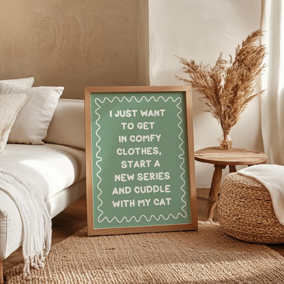 Binge Watching With My Cat Print | Green and White Cat Mum Print, Cosy Cat Art, Netflix With My Cat Print, Cosy Girly Print, Girly Wall Art