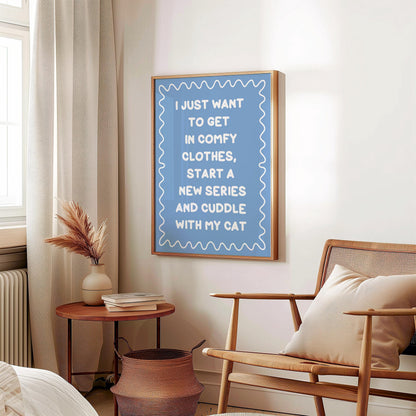 Binge Watching With My Cat Print | Blue and White Cat Mum Print, Cosy Cat Art, Netflix With My Cat Print, Cosy Girly Print, Girly Wall Art