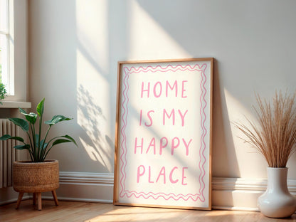 Home Is My Happy Place Wall Art Print Sign | Pink Happy Place Print, Girly Bedroom Print, Preppy Bedroom Print, This Is My Happy Place Art