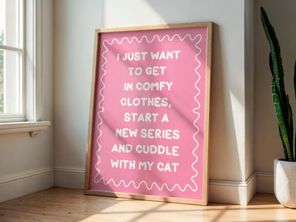 Binge Watching With My Cat Print | Pink and White Cat Mum Print, Cosy Cat Art, Netflix With My Cat Print, Cosy Girly Print, Girly Wall Art