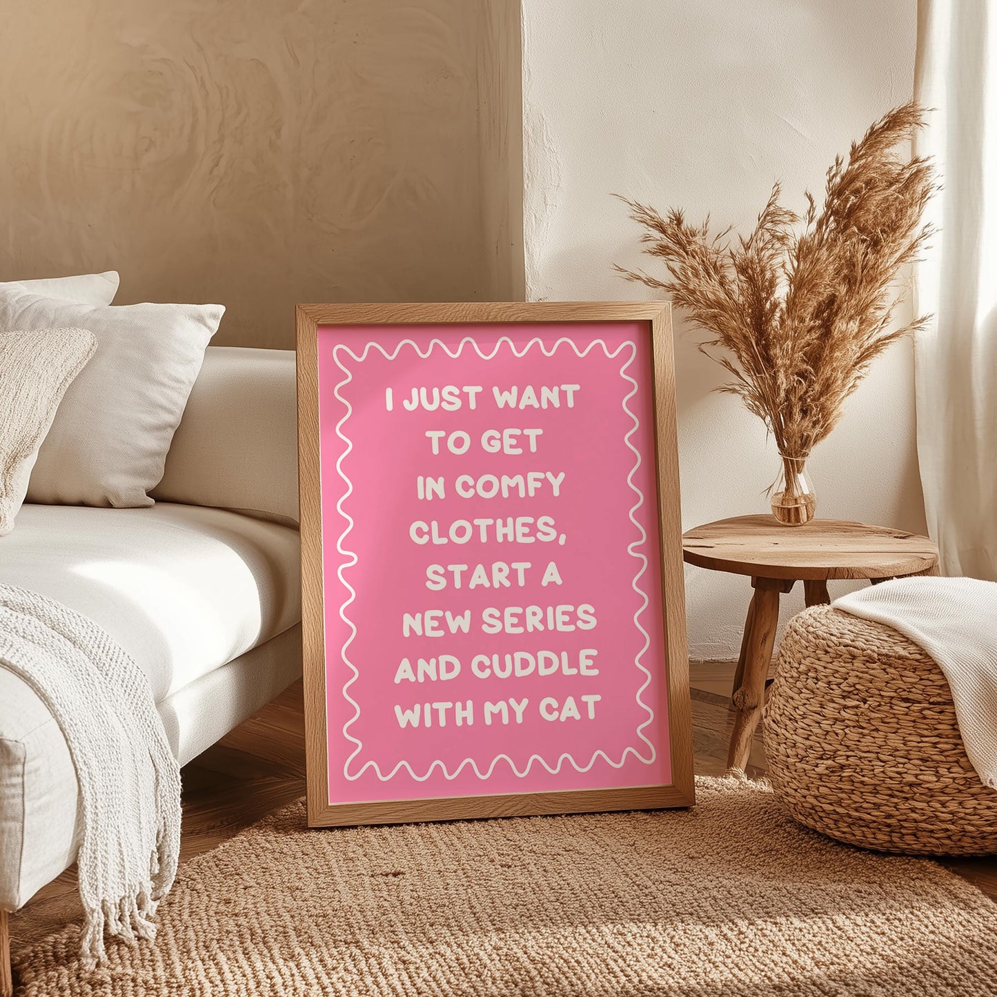 Binge Watching With My Cat Print | Pink and White Cat Mum Print, Cosy Cat Art, Netflix With My Cat Print, Cosy Girly Print, Girly Wall Art