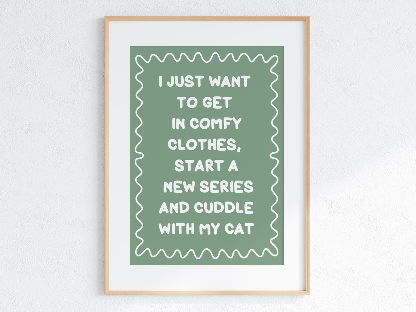 Binge Watching With My Cat Print | Green and White Cat Mum Print, Cosy Cat Art, Netflix With My Cat Print, Cosy Girly Print, Girly Wall Art
