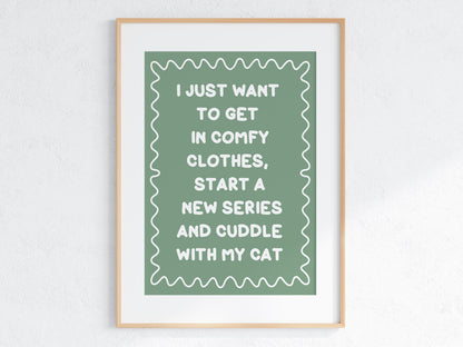 Binge Watching With My Cat Print | Green and White Cat Mum Print, Cosy Cat Art, Netflix With My Cat Print, Cosy Girly Print, Girly Wall Art