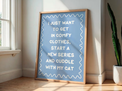 Binge Watching With My Cat Print | Blue and White Cat Mum Print, Cosy Cat Art, Netflix With My Cat Print, Cosy Girly Print, Girly Wall Art