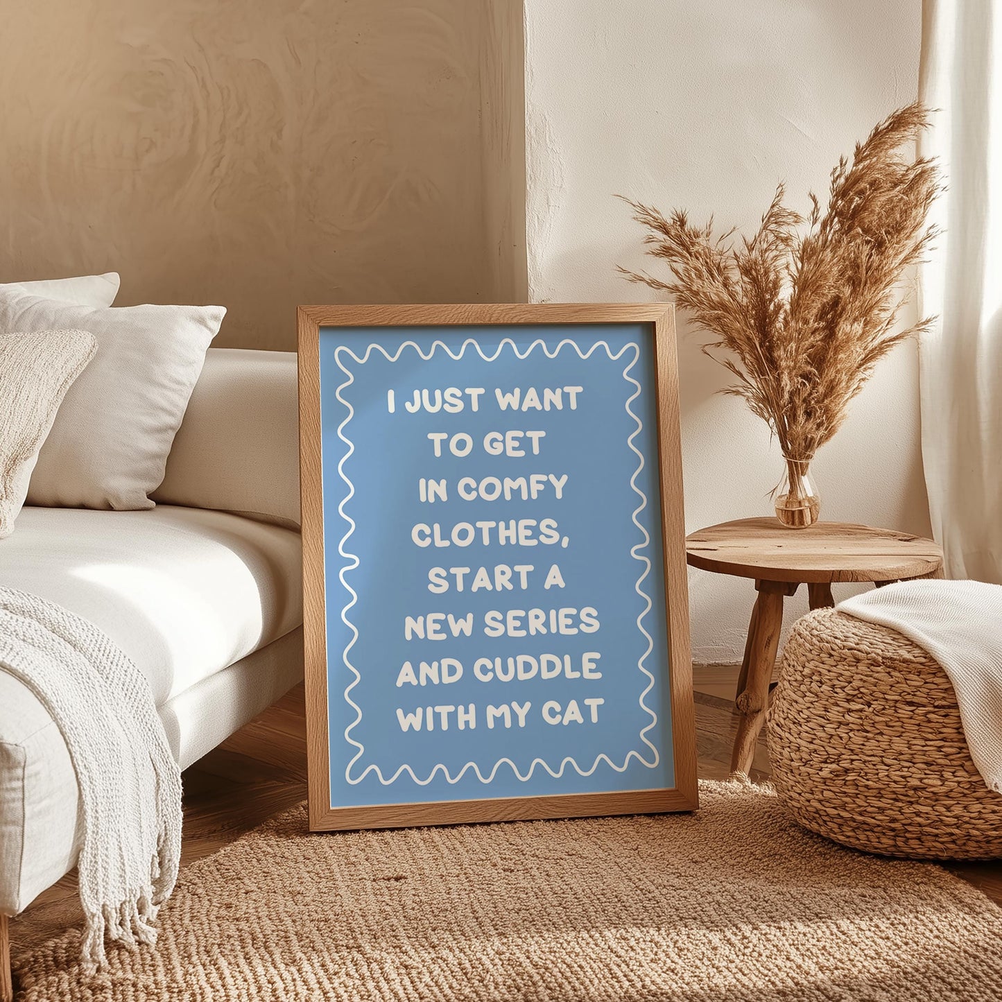 Binge Watching With My Cat Print | Blue and White Cat Mum Print, Cosy Cat Art, Netflix With My Cat Print, Cosy Girly Print, Girly Wall Art