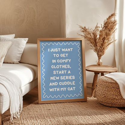 Binge Watching With My Cat Print | Blue and White Cat Mum Print, Cosy Cat Art, Netflix With My Cat Print, Cosy Girly Print, Girly Wall Art