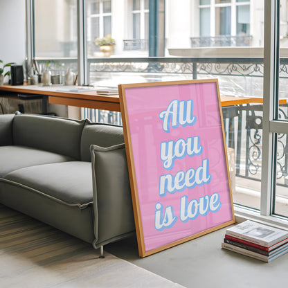 All You Need Is Love Print | Girly Lyric Prints, Pink and Blue Print, Retro Lyric Print, A3 A4 A5 Lyric Prints, girly typography wall art