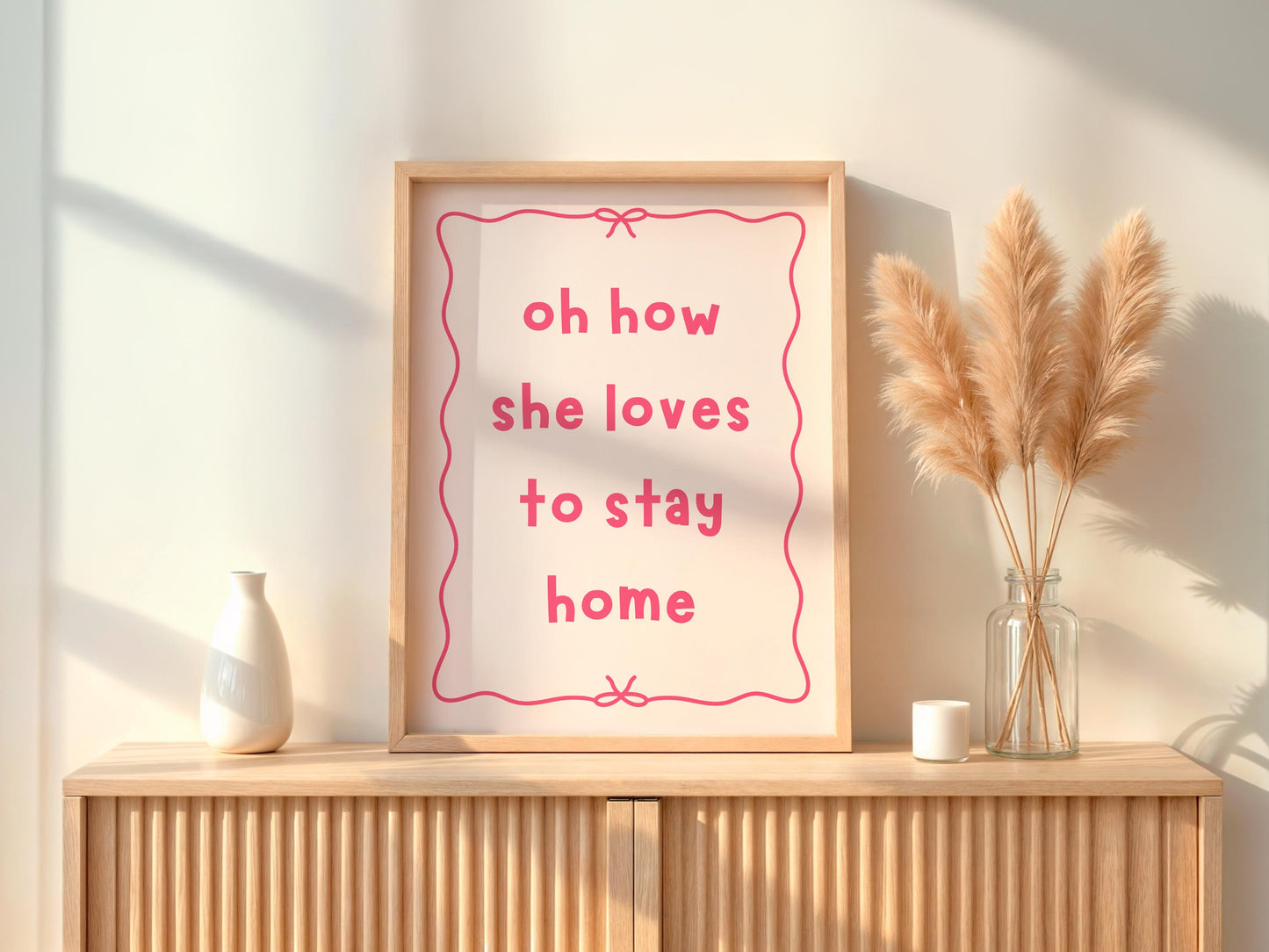 Oh How She Loves To Stay Home Print | Pink and Red Preppy Print, Fun Girly Prints, Pink and Red Girly Print, Girly Wall Art, Relatable Print