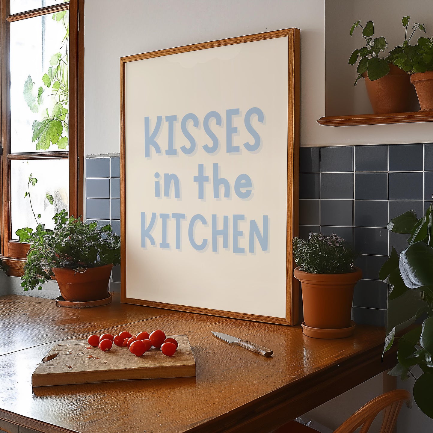 Blue Kisses In The Kitchen Print | A3 A4 A5 Blue Kitchen Print, Cute Kitchen Quotes, Kisses and Dishes Print, Cosy Kitchen Wall Art Prints