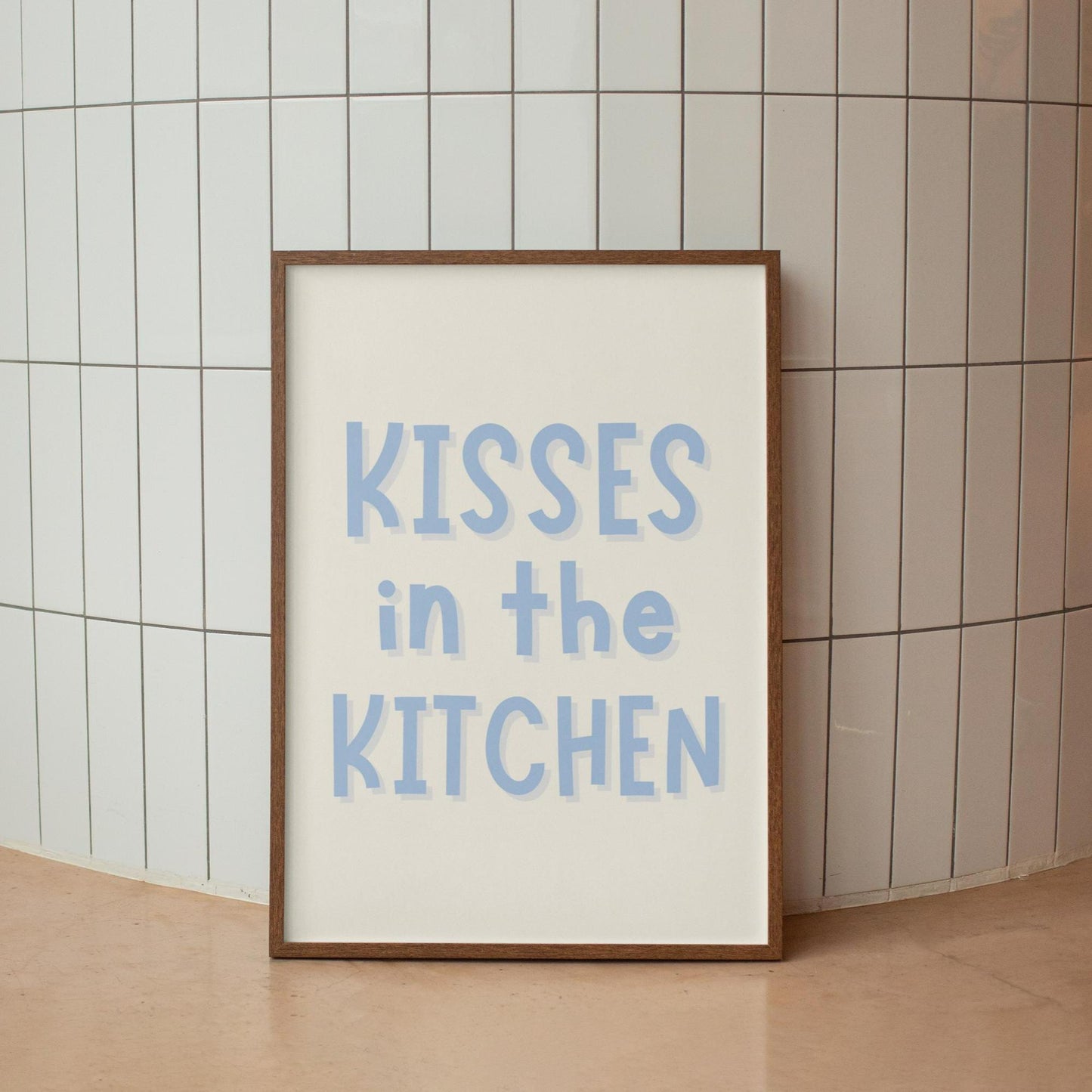Blue Kisses In The Kitchen Print | A3 A4 A5 Blue Kitchen Print, Cute Kitchen Quotes, Kisses and Dishes Print, Cosy Kitchen Wall Art Prints
