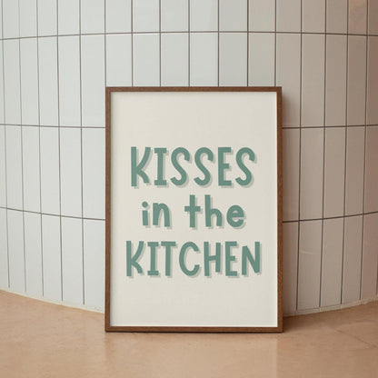 Sage Kisses In The Kitchen Print | A3 A4 A5 Sage Kitchen Print, Cute Kitchen Quotes, Kisses and Dishes Print, Cosy Kitchen Wall Art Prints