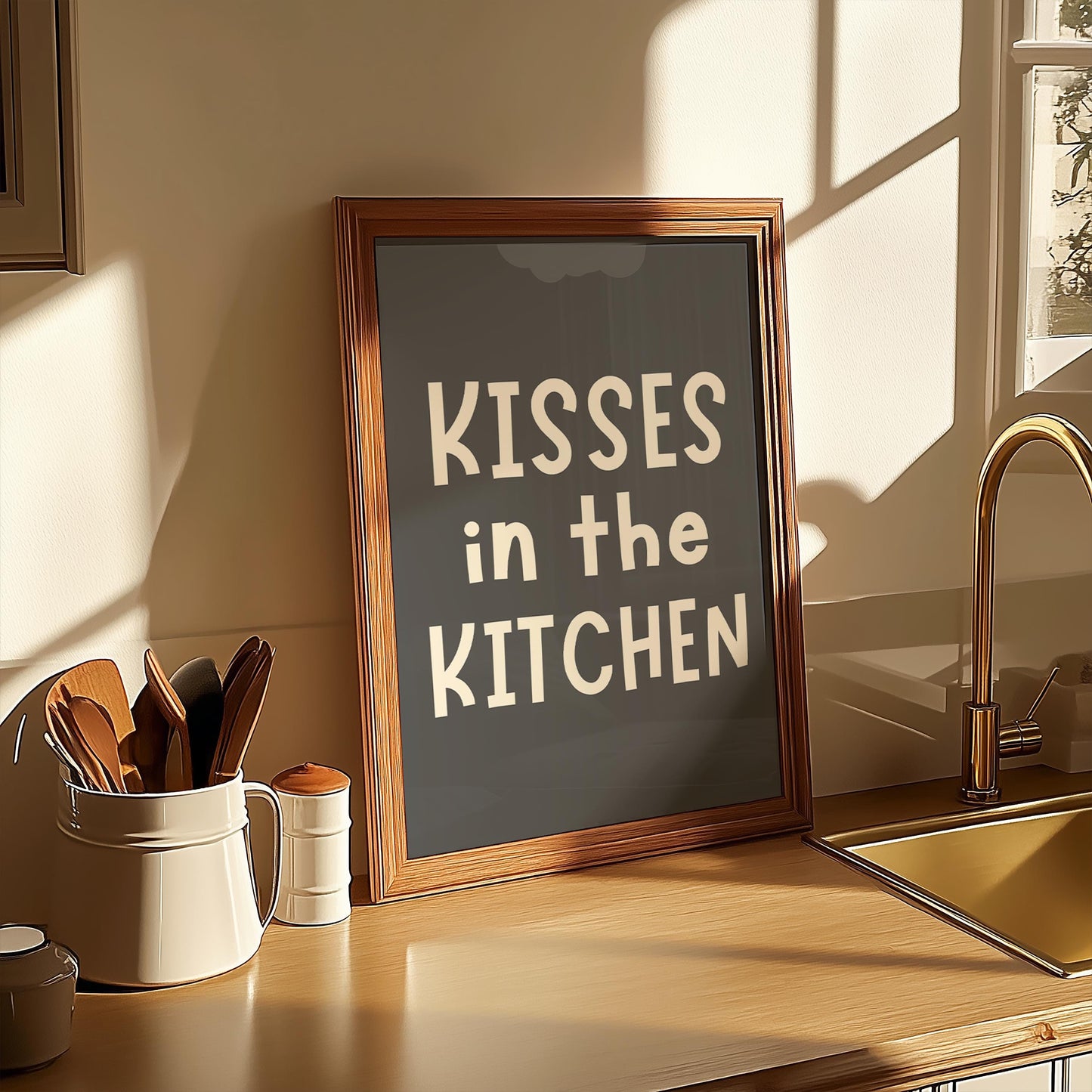 Kisses In The Kitchen Print | A5 A4 A3 Grey Kitchen Posters, Prints for Kitchen, Neutral Kitchen Art, Cute Kitchen Prints, Neutral Kitchen