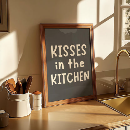 Kisses In The Kitchen Print | A5 A4 A3 Grey Kitchen Posters, Prints for Kitchen, Neutral Kitchen Art, Cute Kitchen Prints, Neutral Kitchen