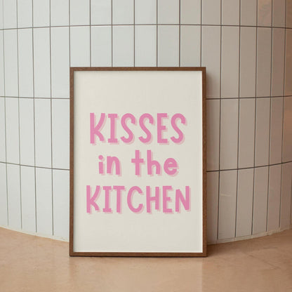Kisses In The Kitchen Pink and White Print | Girly A3 A4 A5 Kitchen Prints, Preppy Kitchen Artwork, Girly Kitchen and Dining Room Quotes