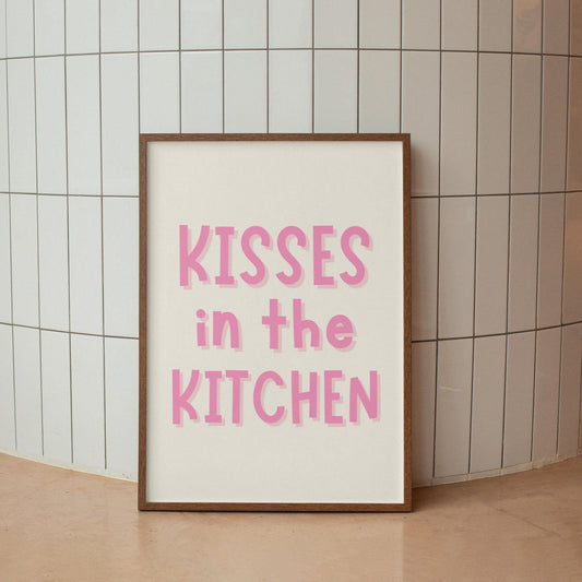 Kisses In The Kitchen Pink and White Print | Girly A3 A4 A5 Kitchen Prints, Preppy Kitchen Artwork, Girly Kitchen and Dining Room Quotes